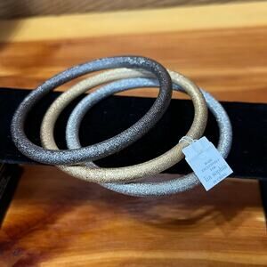 NWT Lia Sophia Kiam 3 Shimmer Glitter Bangle Bracelets Set Gray Gold Silver Tone